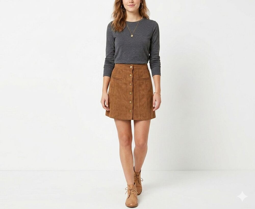 Zara TRF Trafaluc Faux Suede Button Front Mini Skirt Brown Size Medium EUC